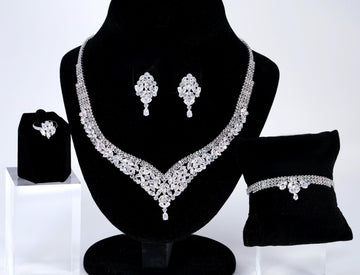 CZ Diamond Gardenia Necklace and Earrings Set, Long Bridal Earrings And Necklace, Statement Earrings Cz Necklace Set.